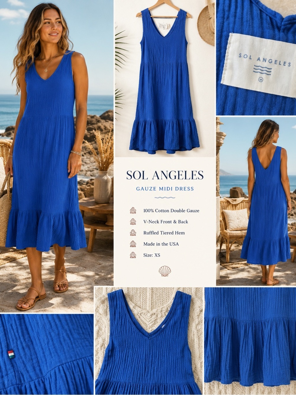 Sol Angeles Boho Beach Gauze Midi Dress in Cobalt